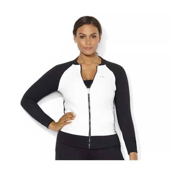 LAUREN RALPH LAUREN L-RL Black White Colorblock Cotton Blend Logo Track Jacket - Picture 1 of 12